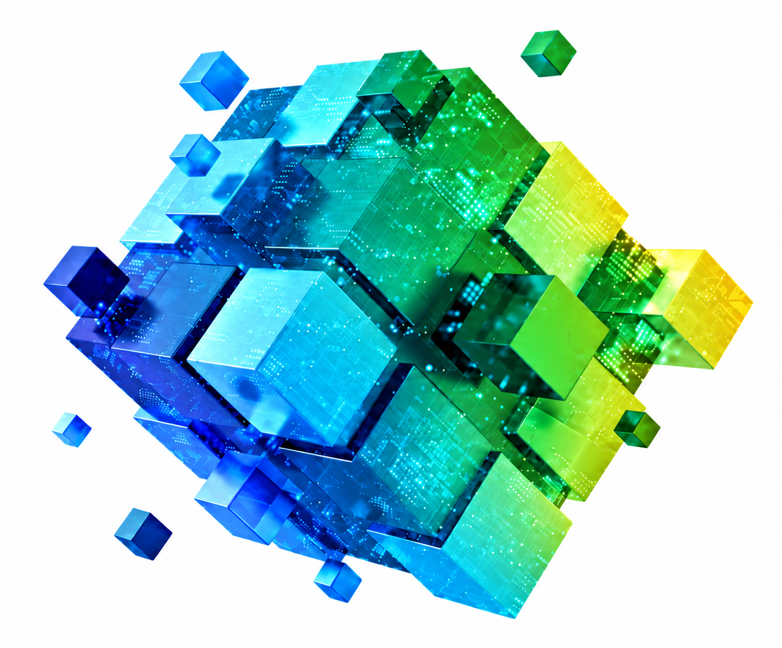 Cube de verre coloré à la surface réfléchissante, illustrant la pluralité de perspectives sur le numérique
